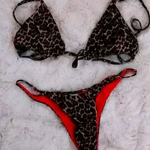 Animal print red lined bathing suit set